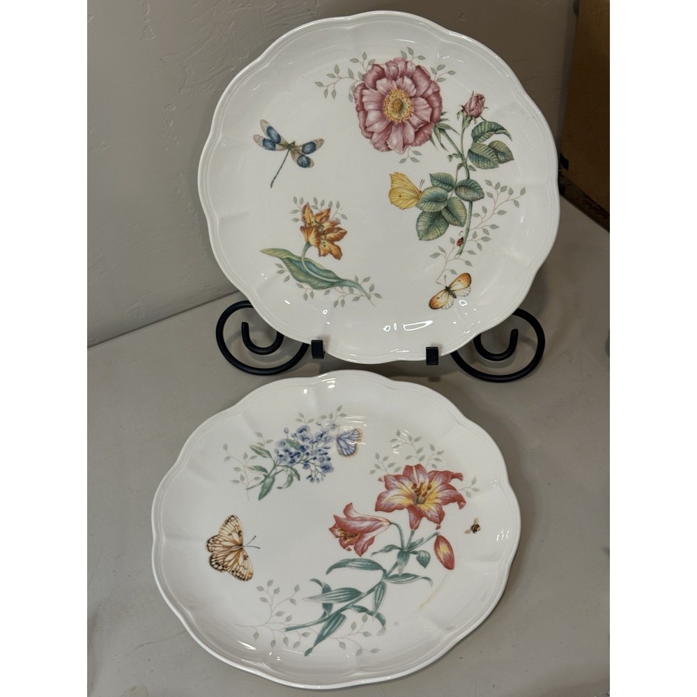 Vintage Lenox Butterfly Meadow‎ 11" Dinner Plates Set of 2 Orange Sulphur Floral